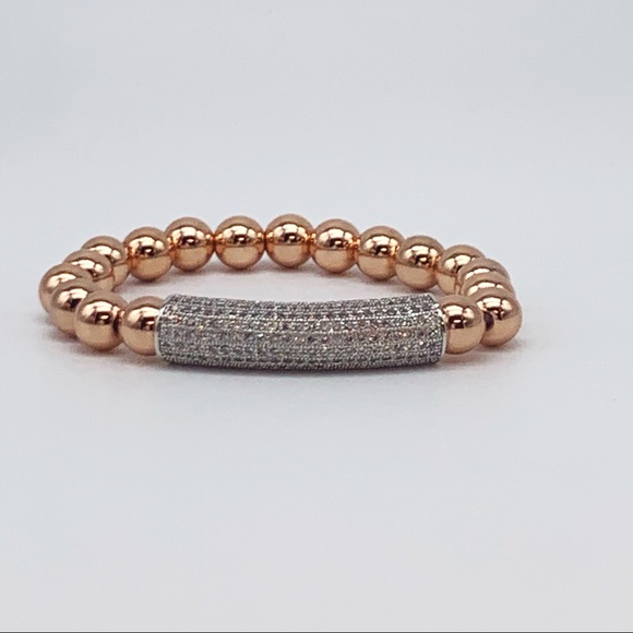 Rose Gold beaded stretch bracelet pave bar - Picture 3 of 4